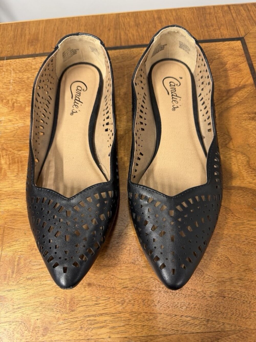 Candies 8 Dynamic Black Laser Cut Perforated Pointed Toe Memory Foam Flats